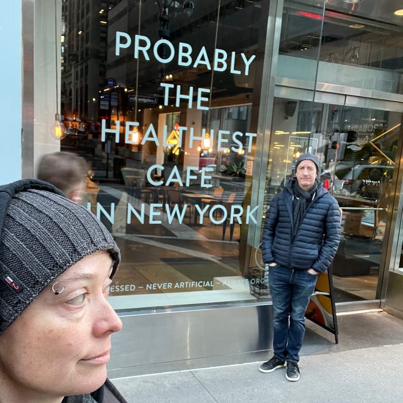 Amy and Gary outside “Probably the Healthiest Cafe in New York”