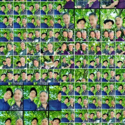 A collage of dozens of Gary and Amy selfies